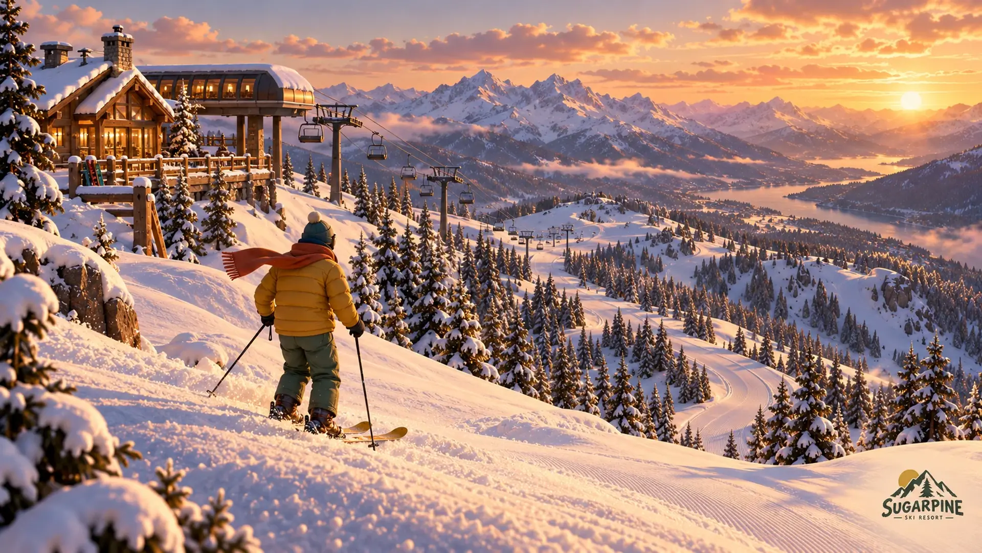 Painted scene: a skier heading out from the lift top at sunrise
