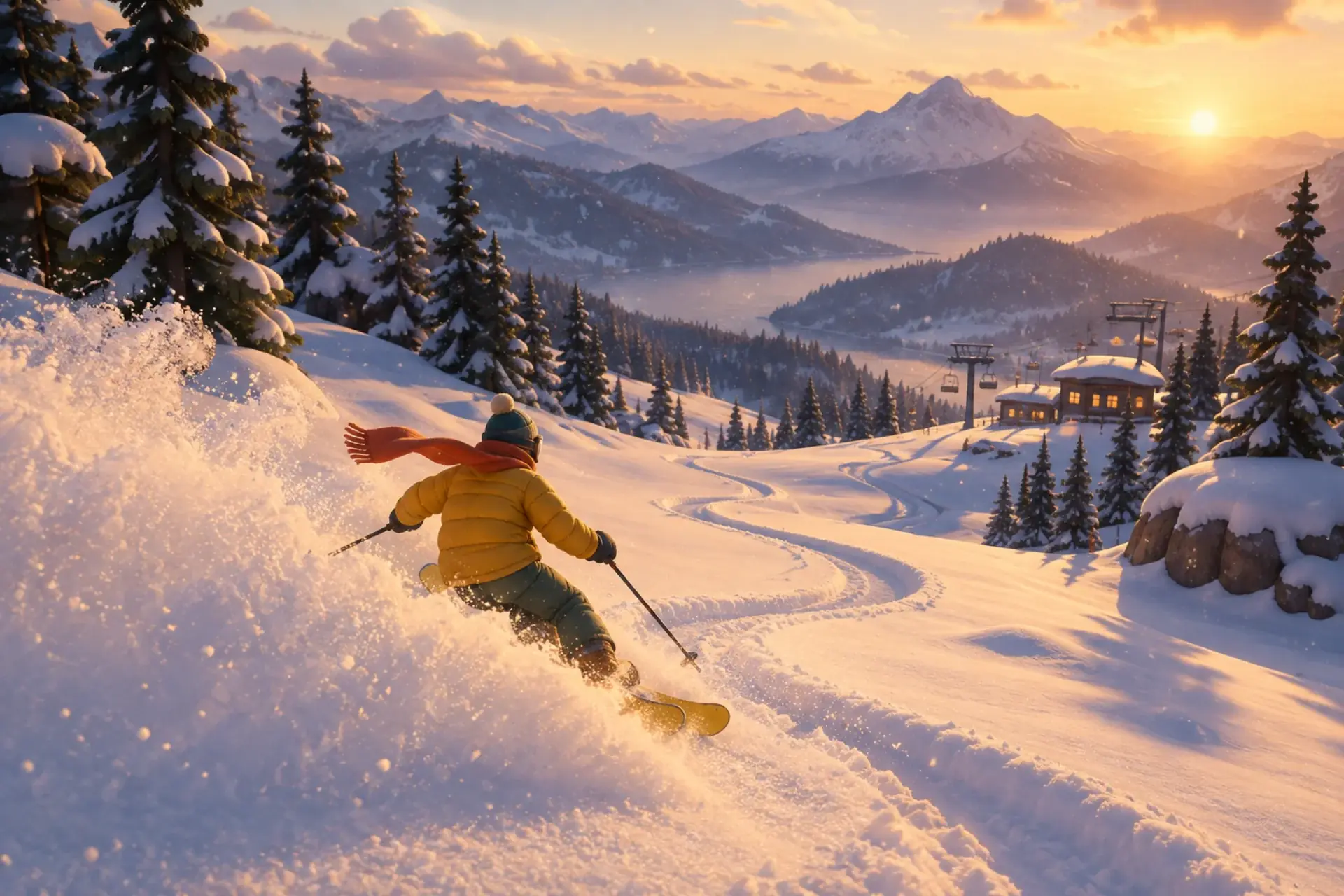 Painted title scene: a skier in a yellow jacket and red scarf carving fresh powder at golden hour above a snowy valley