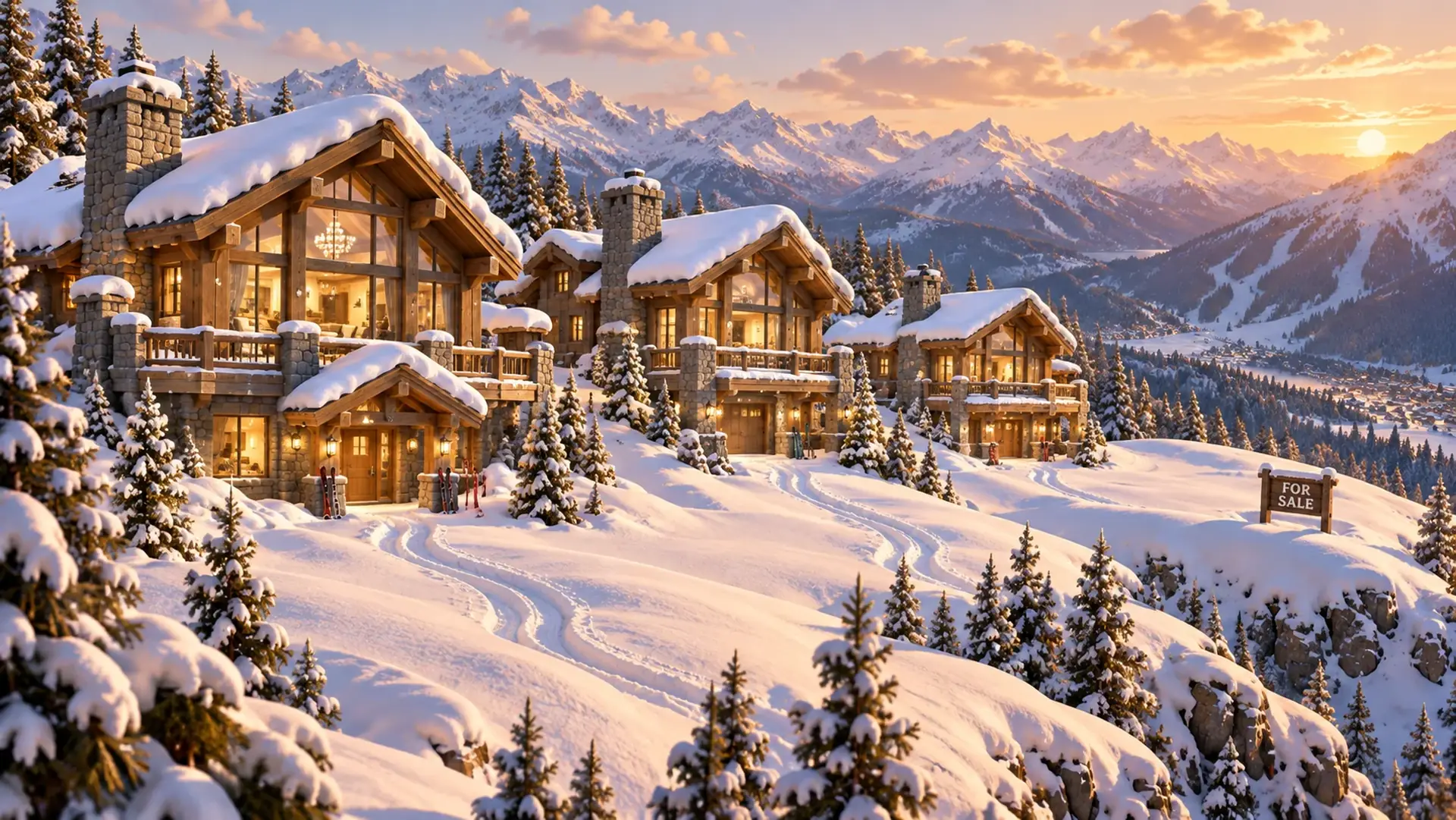 Painted scene: timber estates on Millionaires Row catching the last light, with a For Sale sign in the snow