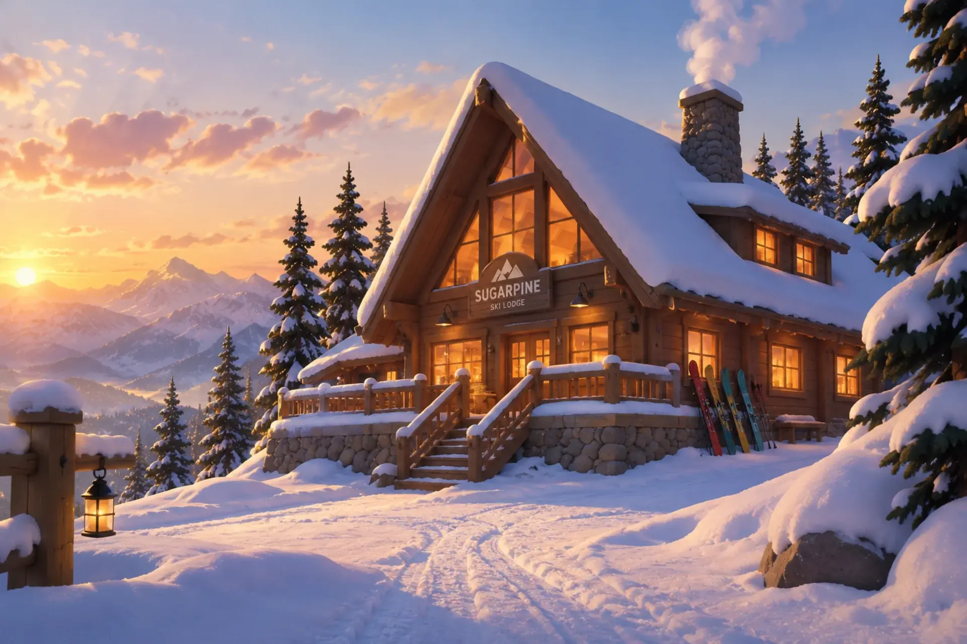 Painted scene: the Sugarpine Ski Lodge glowing at sunset