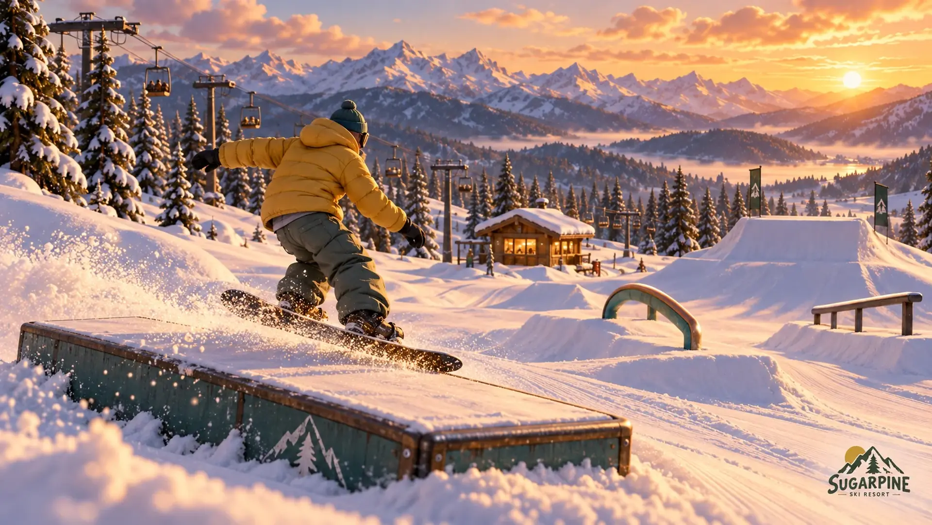 Painted scene: a snowboarder sliding a rail in the terrain park